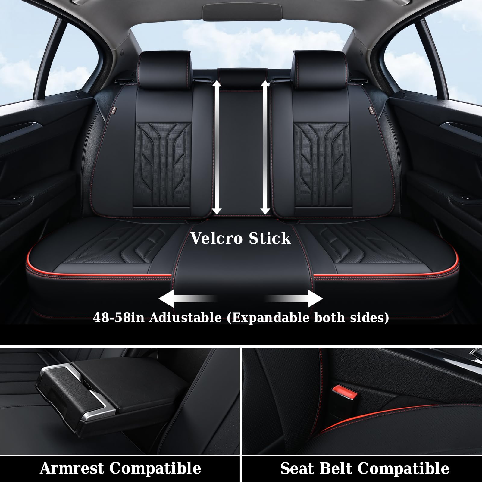Coverado Seat Covers, Car Seat Covers Full Set, Leather Seat Covers for Cars, Automotive Seat Covers Car Seat Protector Car Accessories Fit for Most Sedans SUV Pick-up Truck(Black&Red)