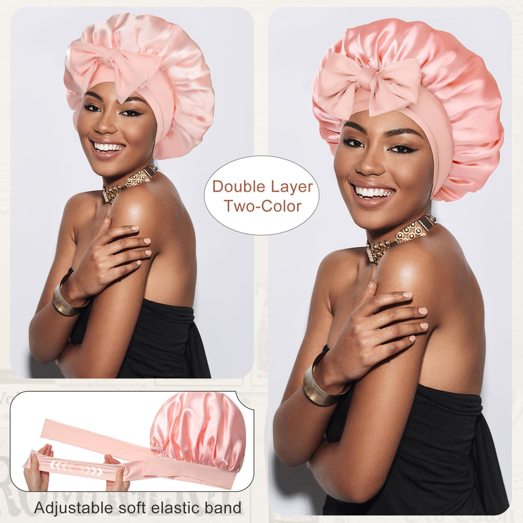 Satin Bonnet Silk Bonnet for Sleeping Silk Sleep Cap Double Layer Hair Bonnet with Elastic Tie Band for Curly Hair Night Cap