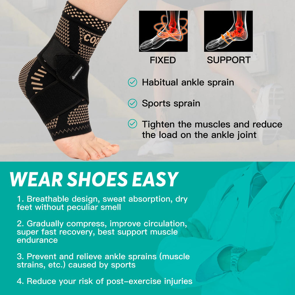 INDEEMAX Ankle Brace for Women & Men, Ankle Compression Sleeve Support Copper Infused Ankle Brace for Sprained Ankle, Plantar Fasciitis Sports, Achilles Tendonitis Pain Relief, Copper Black, M
