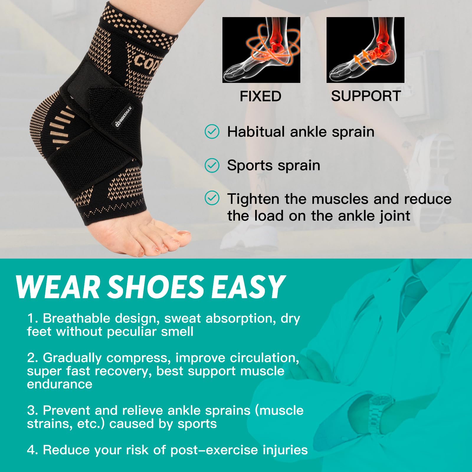 INDEEMAX Ankle Brace for Women & Men, Ankle Compression Sleeve Support Copper Infused Ankle Brace for Sprained Ankle, Plantar Fasciitis Sports, Achilles Tendonitis Pain Relief, Copper Black, M