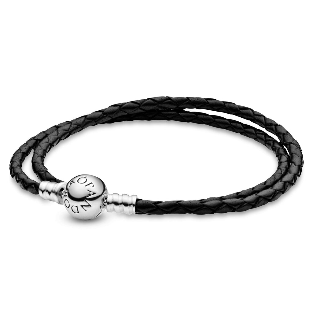 PANDORA Moments Double Woven Leather Bracelet with Sterling Silver Clasp - Compatible Moments Charms - Charm Bracelet for Women - Gift for Her - Black, 15.0"