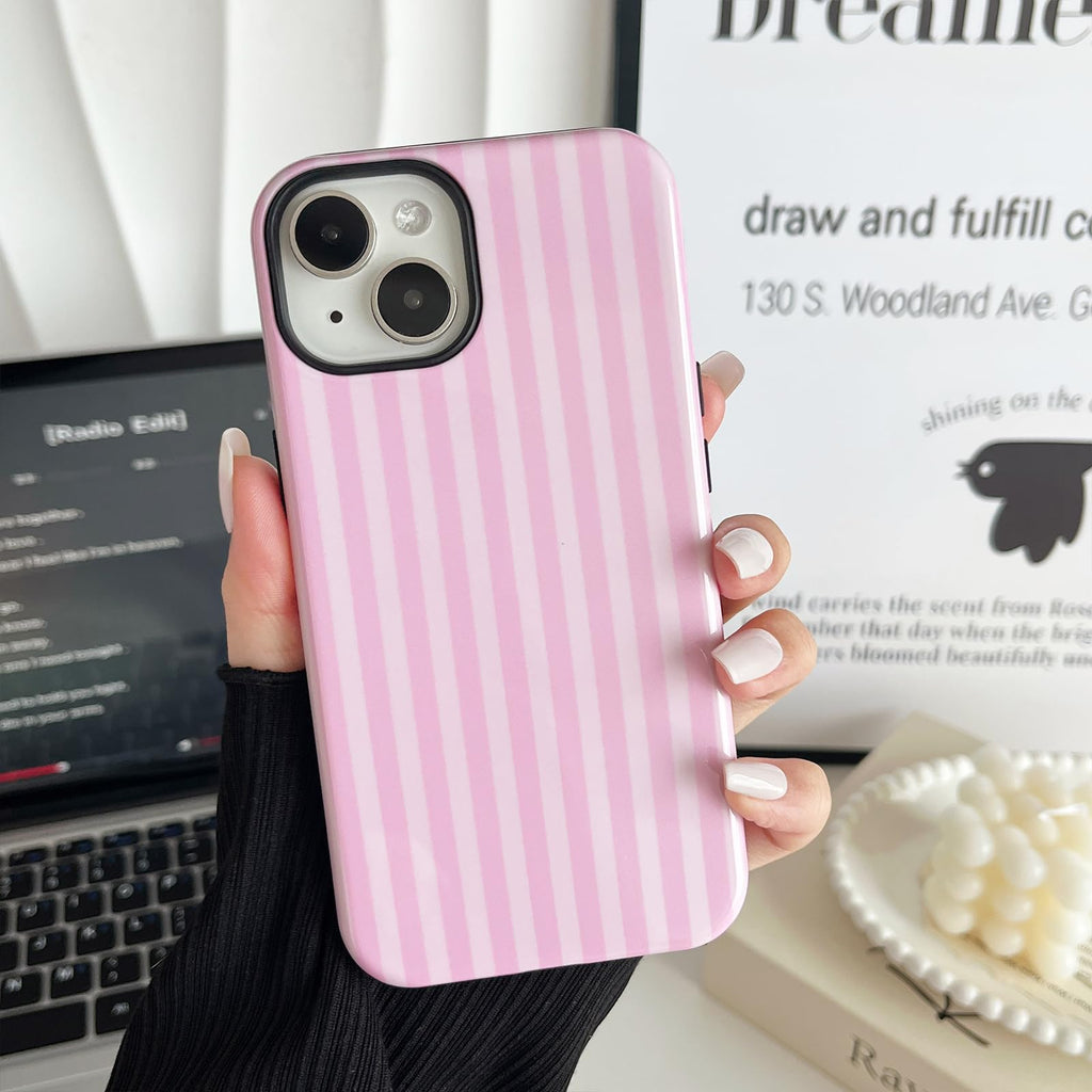 CHEDEMK Compatible with iPhone 15 Case, Cute Fashion Aesthetic Striped Pattern Cover for Women, Shockproof Soft TPU and Hard PC Protective Phone Case for iPhone 15 6.1"- Pink