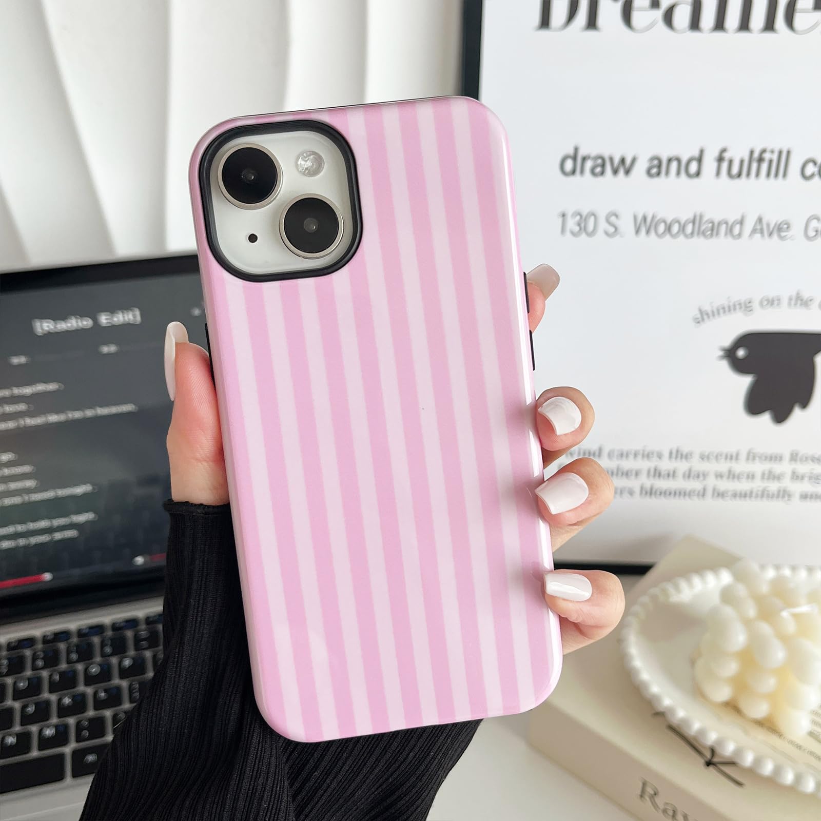 CHEDEMK Compatible with iPhone 15 Case, Cute Fashion Aesthetic Striped Pattern Cover for Women, Shockproof Soft TPU and Hard PC Protective Phone Case for iPhone 15 6.1"- Pink