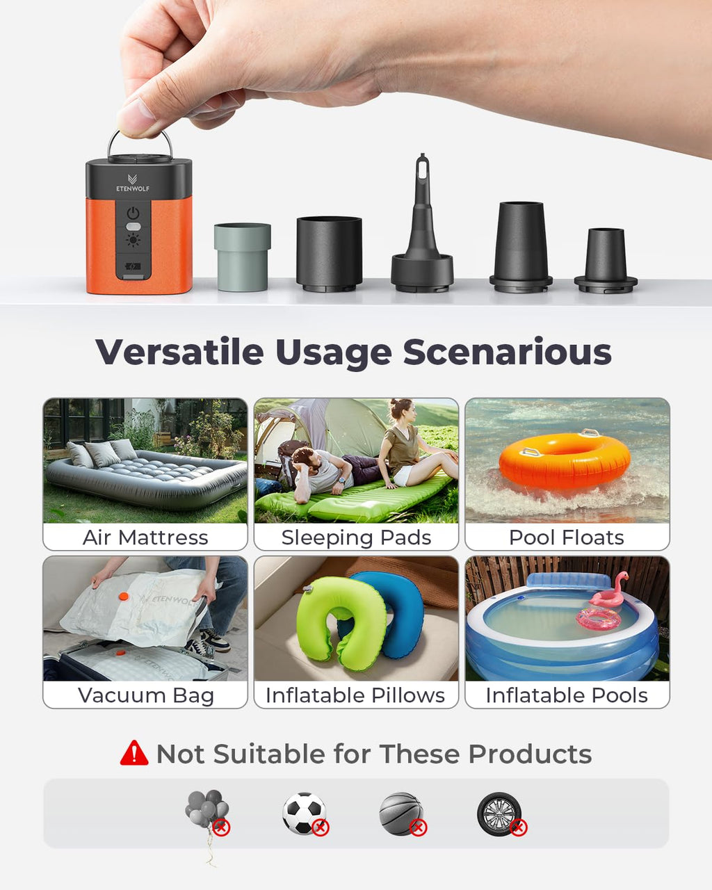 ETENWOLF AIR 3 Air Pump for Inflatables with 2600 mAh Battery & Camping Light, Ultra-Fast and Mini Electric Air Pump, Inflate Deflate for Air Mattress, Pool Floats, Vacuum Storage Bags, Vivid Orange