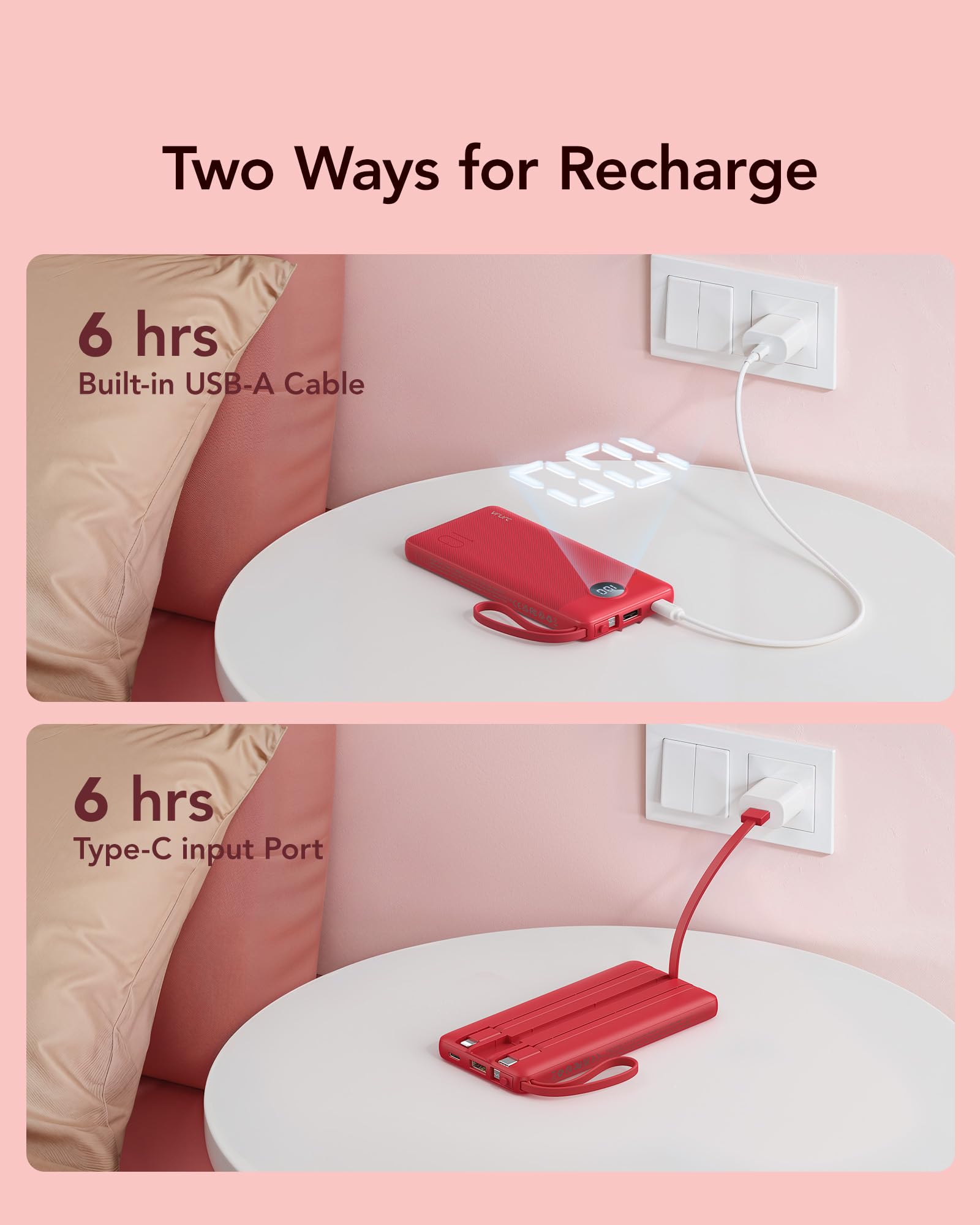 VRURC Portable Charger, 10000mAh Power Bank Built in Cables for iPhone, Slim Compact Travel Essential, 5 Outputs 2 Inputs USB C Battery Pack for iPhone 17 16 15 14 13, Samsung, Android etc-Magenta