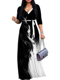 PinkPatty Plus Size Maxi Dress for Women 3/4 Sleeve V Neck Long Dress Casual Party Sundress with Belt (A-Black/White Ink Splash 2XL)