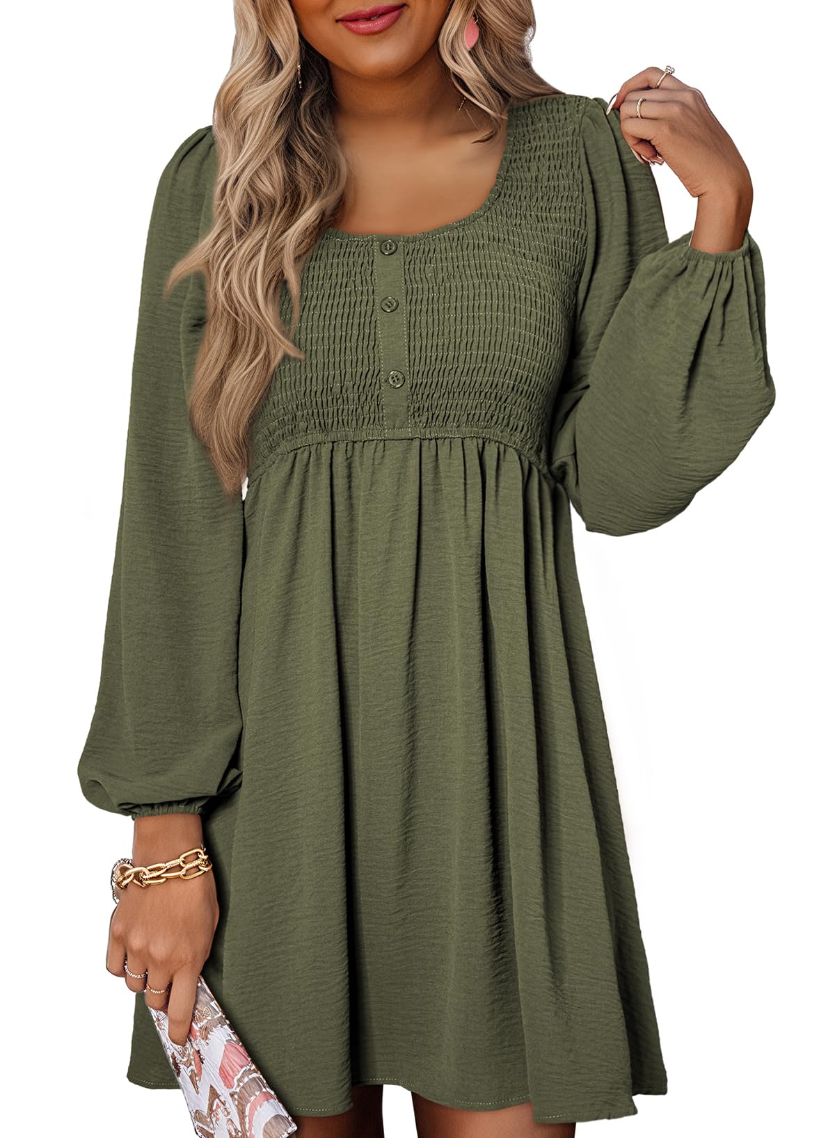 Dokotoo Casual Dresses for Women 2026 Spring Crewneck Long Sleeve Fashion Smocked A-line Flowy Hem Elegant Empire Waist Olive Green Dress Dresses Large