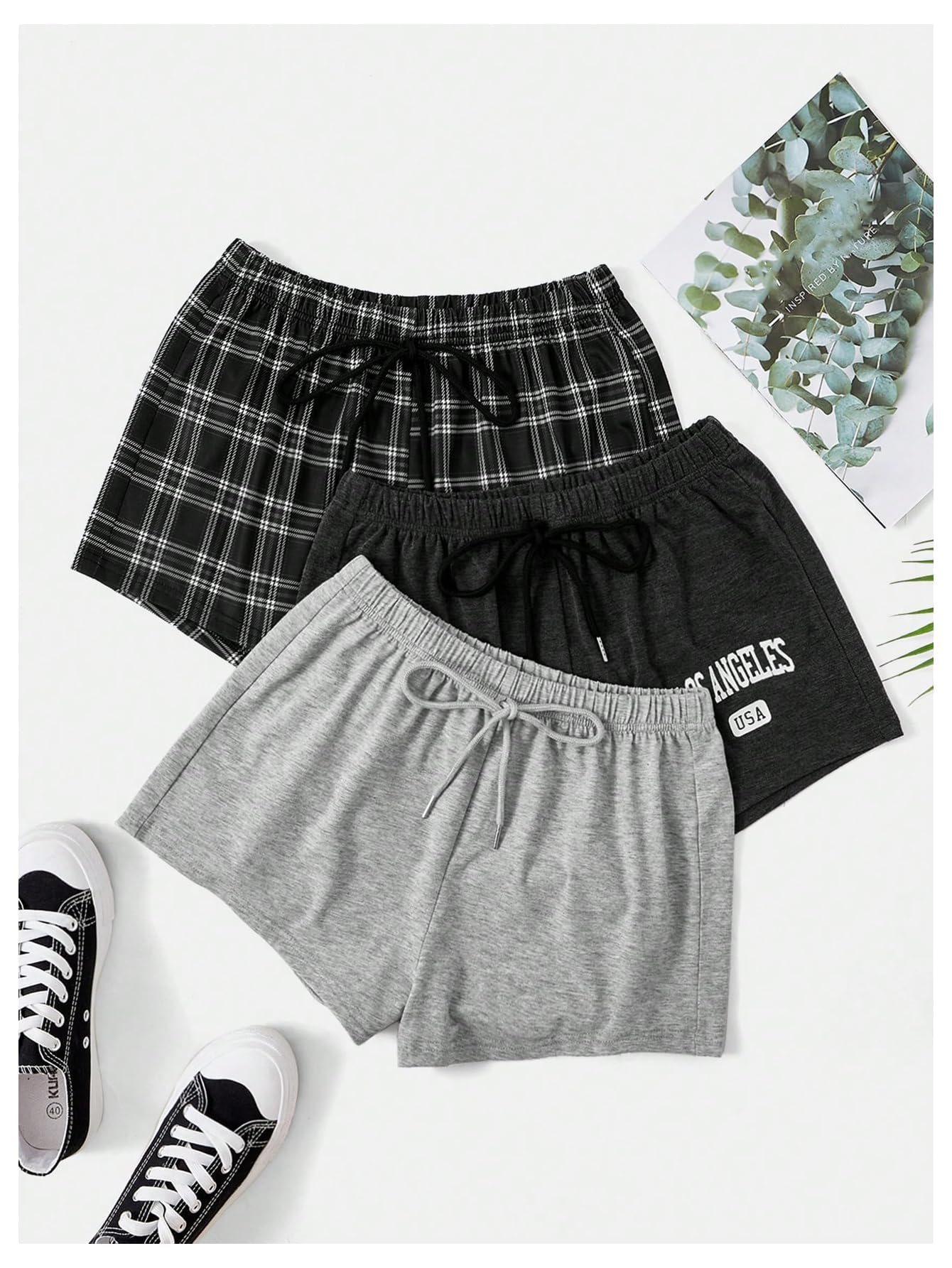 WDIRARA Women's 3 Pack Plaid Letter Graphic Pajama Shorts Elastic Waist Pj Lounge Shorts Multicolor Small
