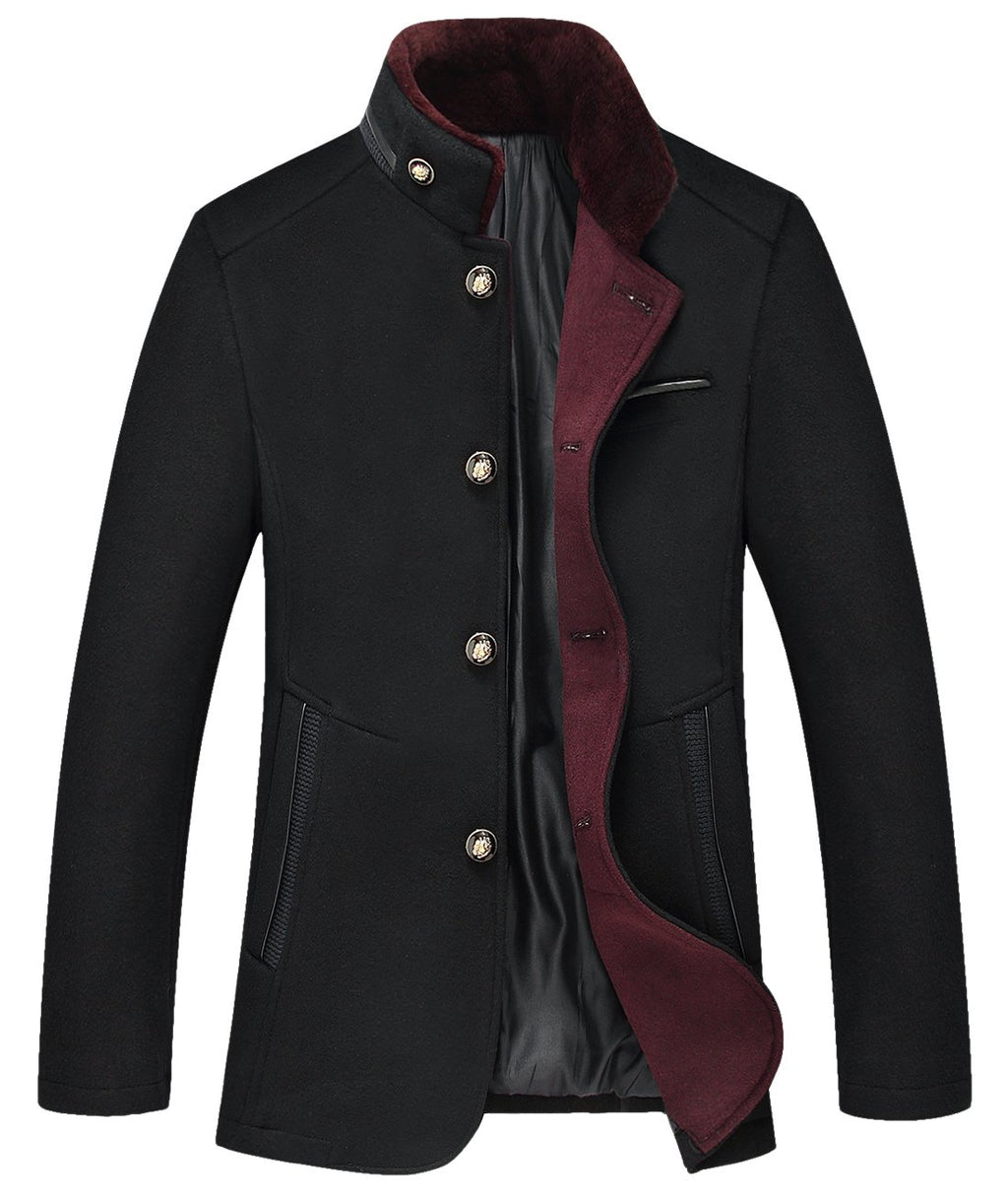 chouyatou Men's Gentle Band Collar Single Breasted Wool Blend Pea Coat (10Black, Small)