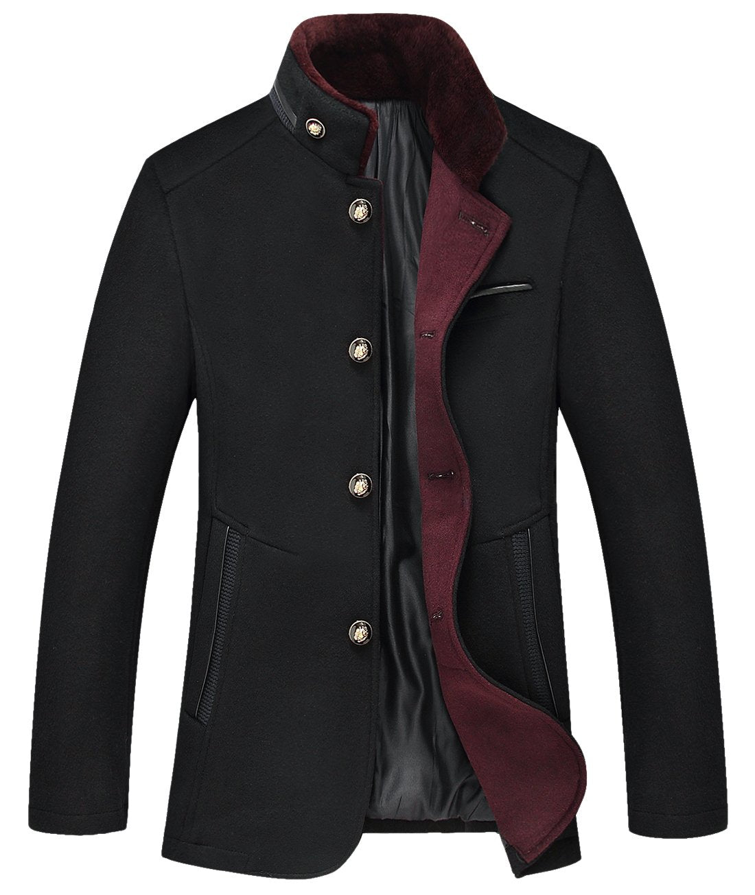 chouyatou Men's Gentle Band Collar Single Breasted Wool Blend Pea Coat (10Black, Small)