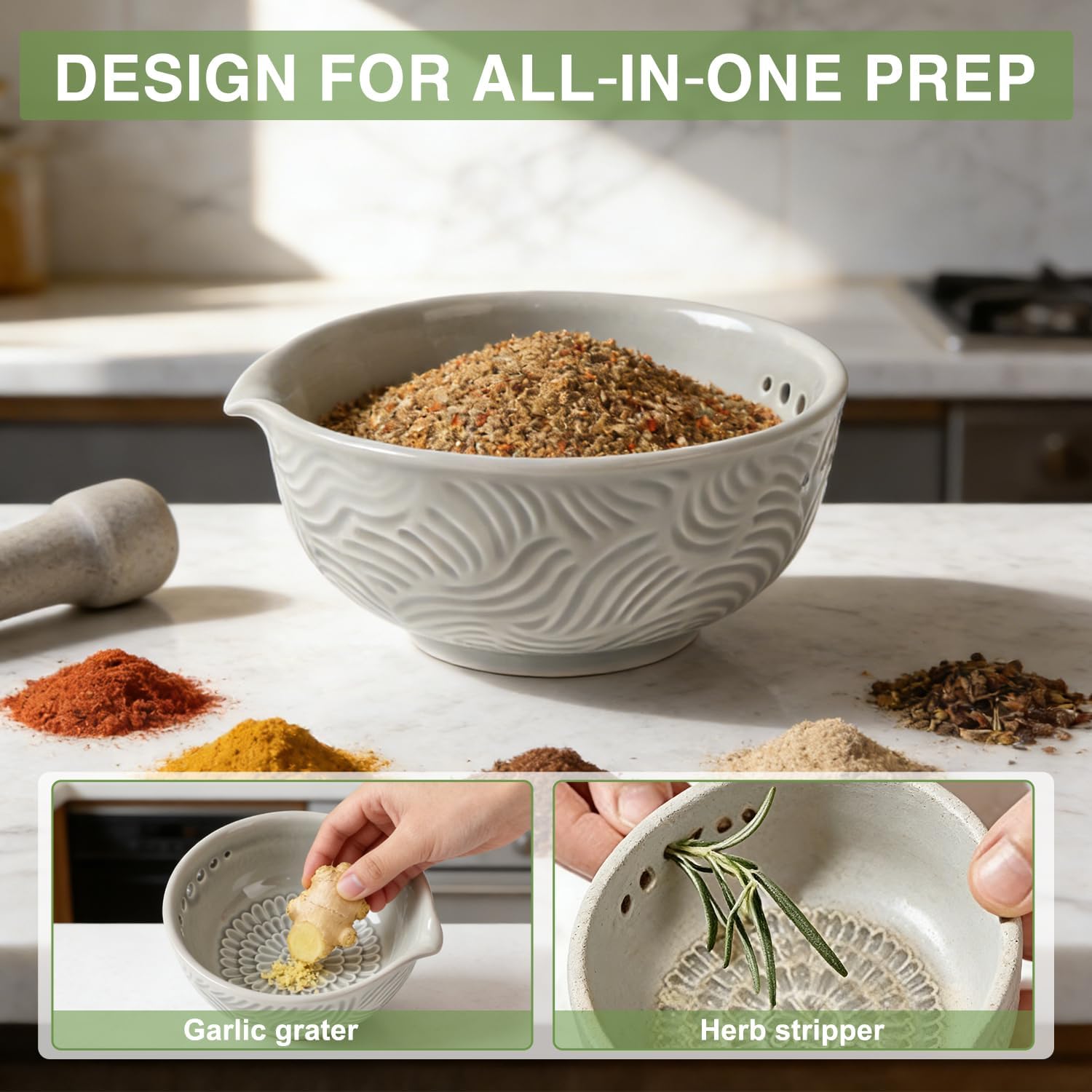 Ceramic Grater Bowl with Herb Stripper, 3 in 1 Handmade Ginger Grater Bowl, Garlic Grater Plate, Multi-Functional Kitchen Tools and Gadgets, for Garlic, Chocolate, Herbs, Etc