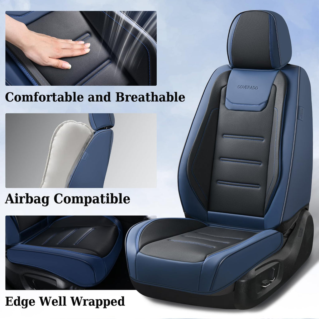 Coverado Car Seat Covers, Front Covers for Cars, Car Seat Cover Front Seats, Car Seat Protector Waterproof, Leather Car Seat Cushion, Universal Interior Covers Seat Protectors for Most Cars Blue