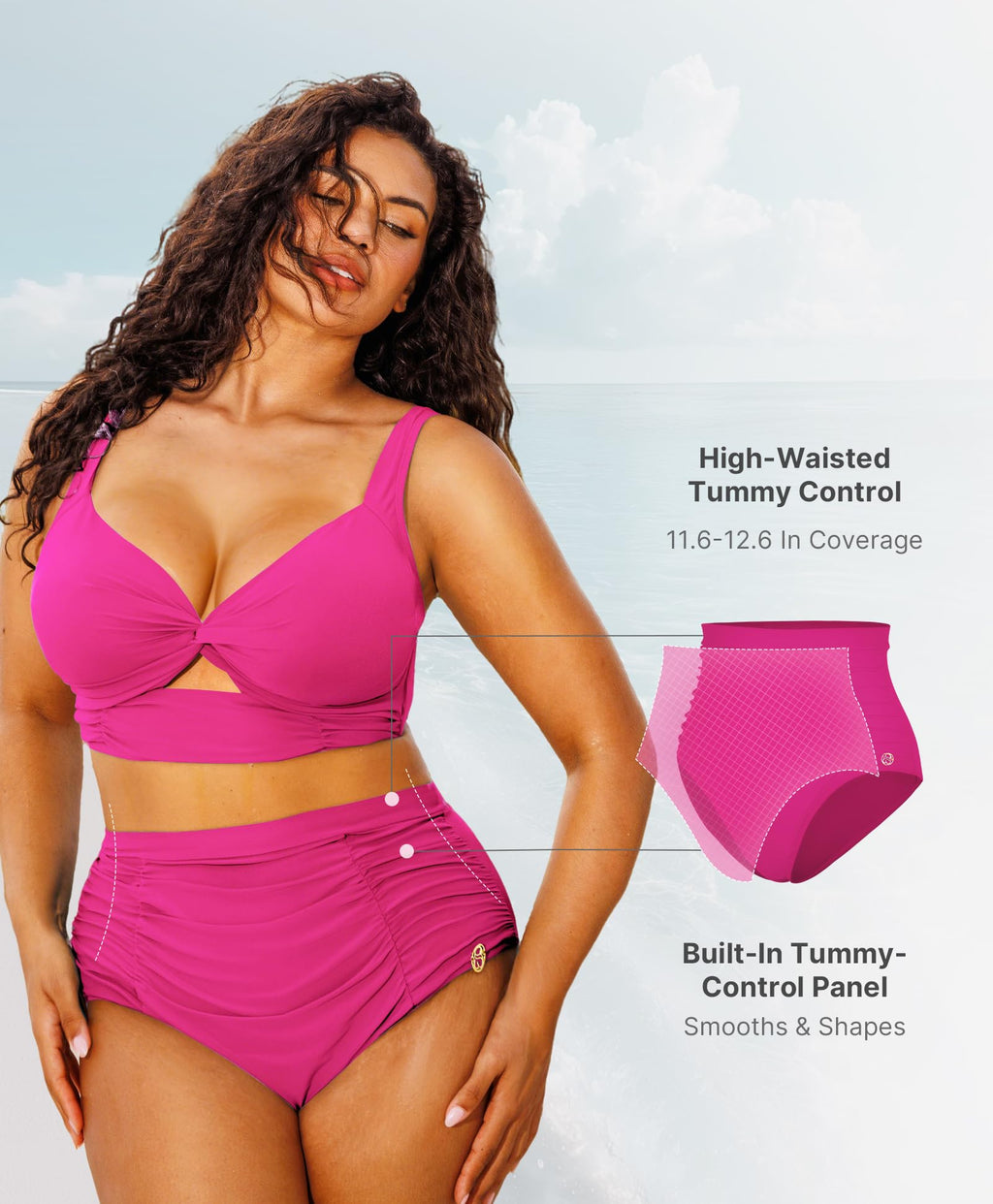 SHAPELLX Two Piece Swimsuits for Women Tummy Control Bikini High Waisted Bathing Suit V Neck Twist Front Swimwear (Pink, Medium)