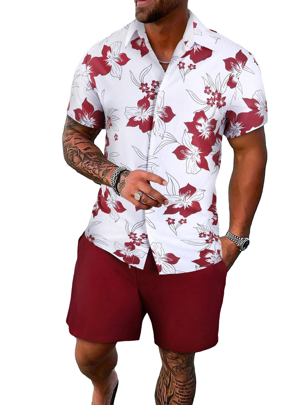 GORGLITTER Men's Vacation Beach Cruise Summer Outfits 2 Piece Shorts Set Hawaiian Button Down Shirt and Shorts Red and White X-Large