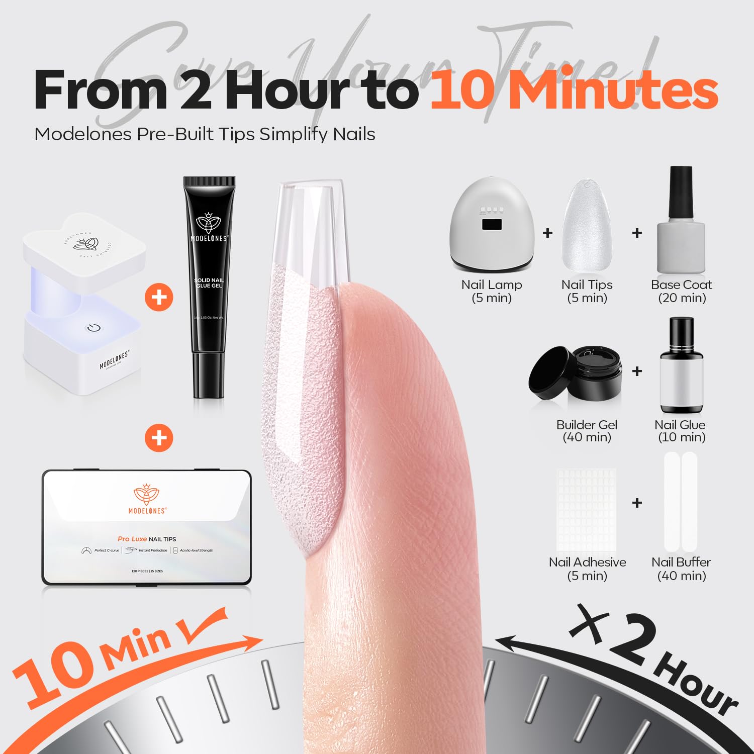 modelones X Nail Gel Kit Square, 15Sizes False Nail Tips Instant Apex Solid Glue & Mini LED Light, Medium Square Pre-Building Thick Acrylic Press on Tips U/V Lamp Extension Kit Women Gift 240Pcs