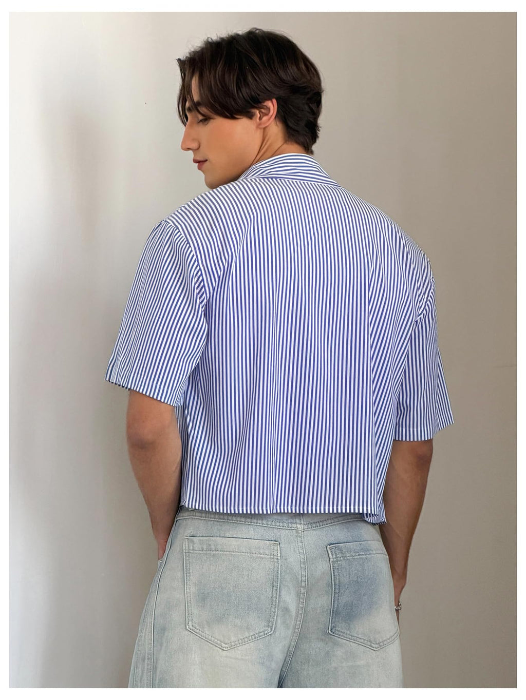 GORGLITTER Men's Striped Cropped T Shirt Button Down Up Y2k Short Sleeve Collar Oversized Tops Blue Small
