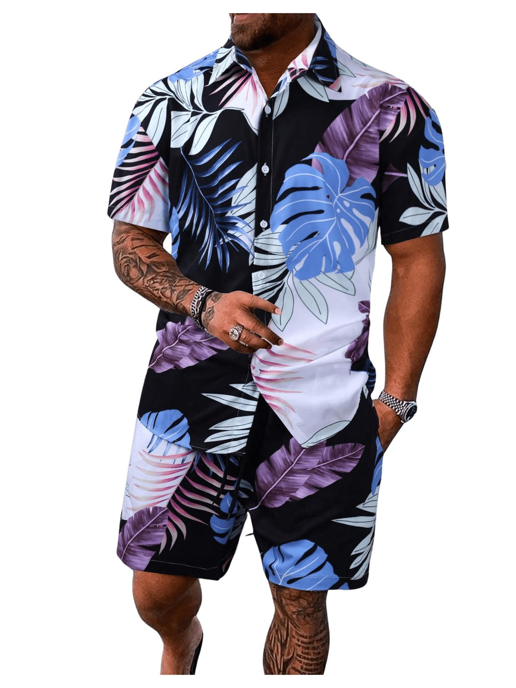 GORGLITTER Men's Vacation Beach Cruise Summer Outfits 2 Piece Shorts Set Hawaiian Button Down Shirt and Shorts Blue and Black Medium