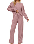 Blooming Jelly Womens Cute 2 Piece Pajama Sets Soft Long Sleeve Sleepwear Drawstring Crew Neck Loungewear (M, Pink)