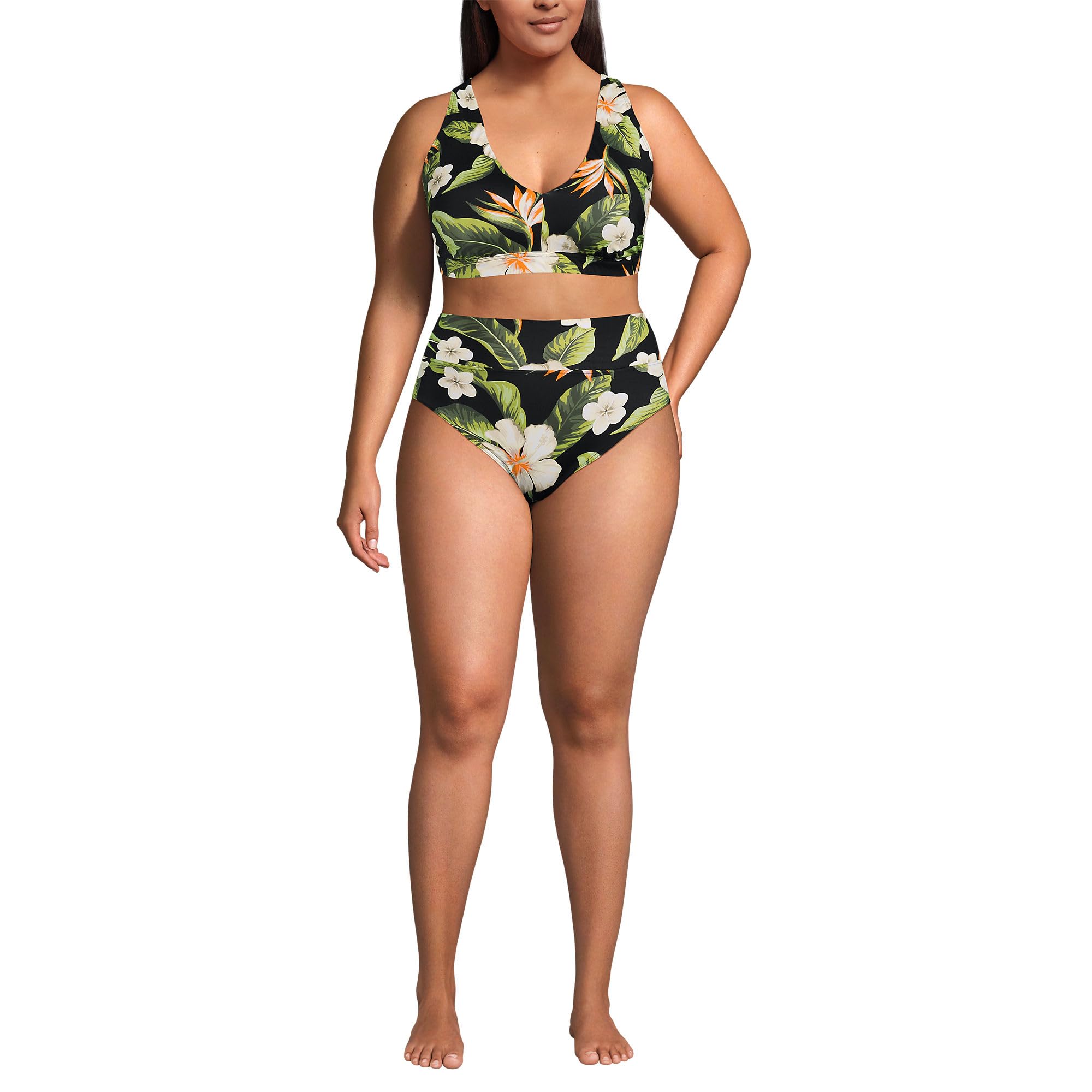 Lands' End Women's V-Neck Bikini and High Waisted Bottom Swimsuit Set X-Small Hibiscus Floral/Black