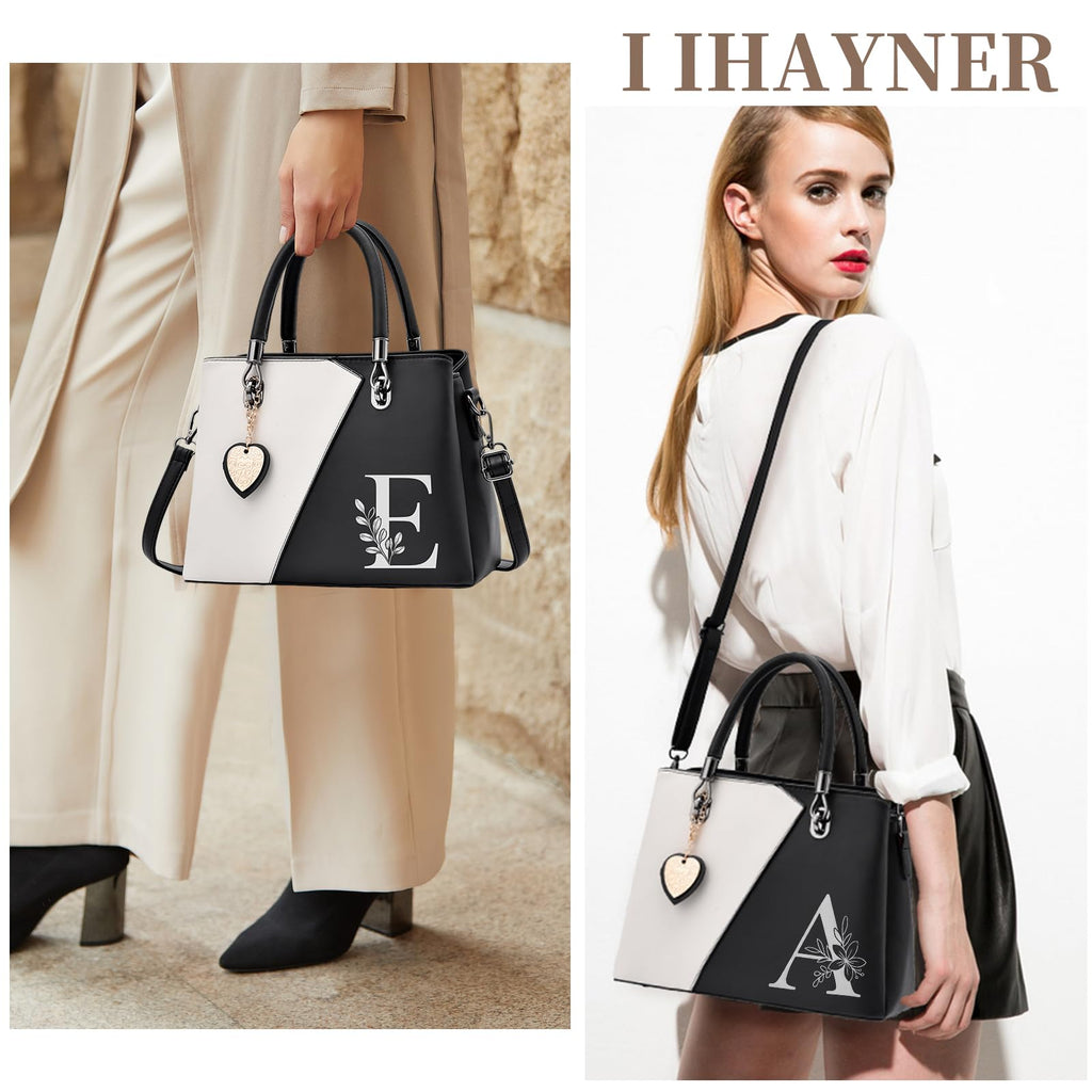 I IHAYNER Women PU Leather Purses and Handbags Top Handle Satchel Tote Shoulder Crossbody Initial Handbag for Ladies Black-S