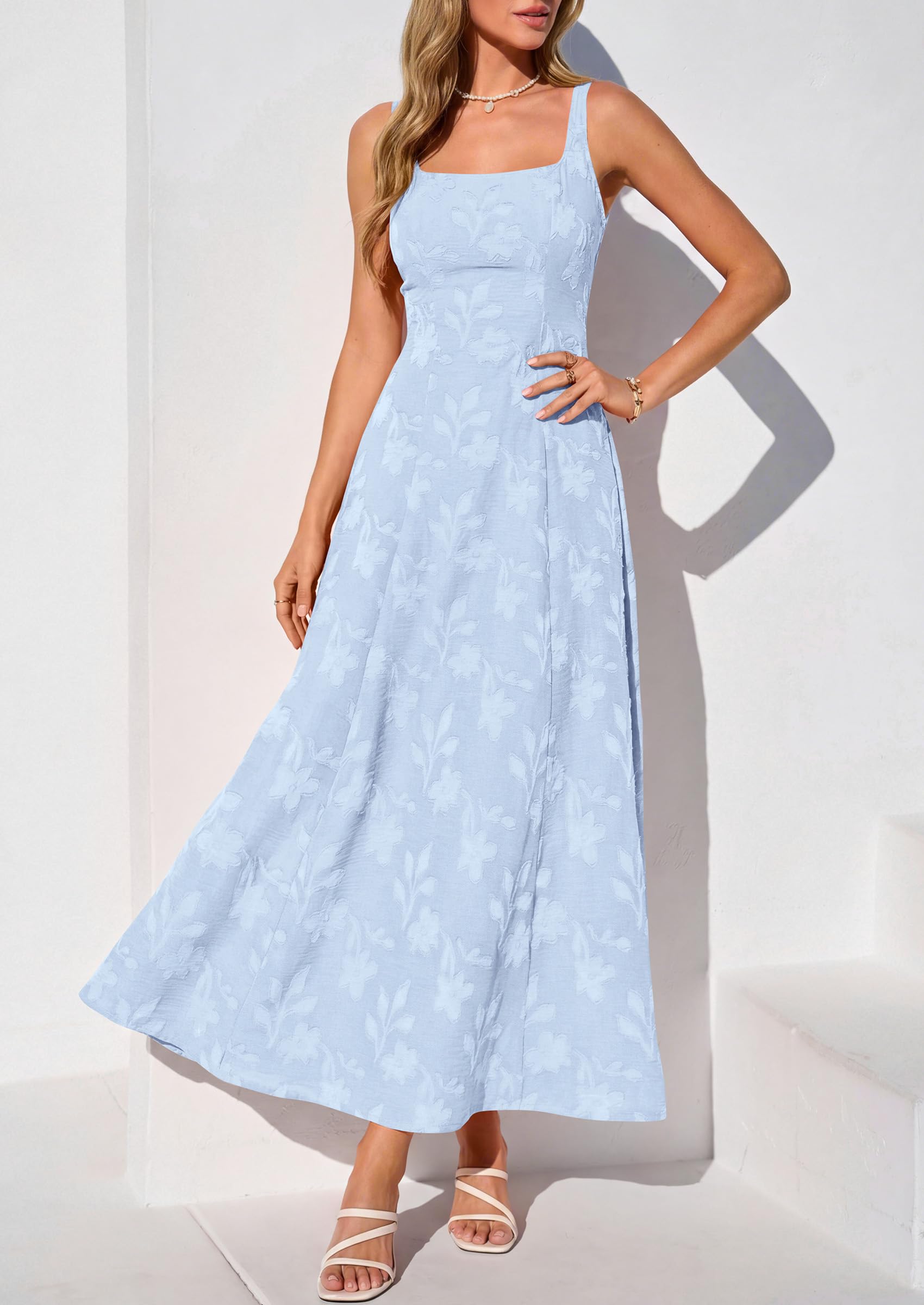 PRETTYGARDEN Womens Summer Maxi Dresses 2026 Casual Sleeveless Square Neck Formal Wedding Guest Beach Vacation Boho Dress (Light Blue,S)