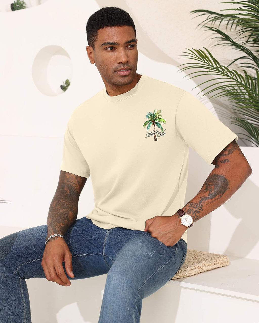 Mens Graphic T-Shirts Short Sleeve Malibu Vibe Palm Tree Print Top 100% Cotton Casual California Tees for Men Apricot