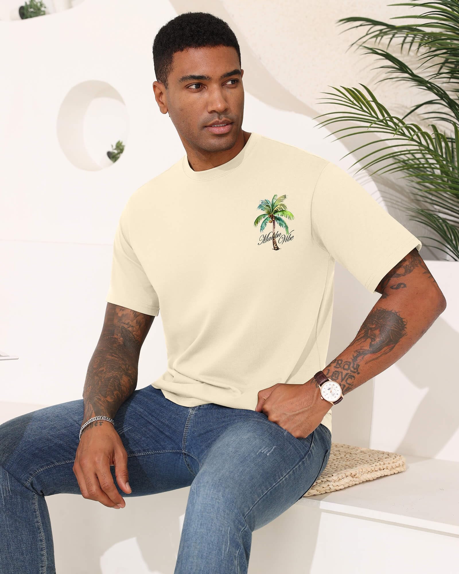 Mens Graphic T-Shirts Short Sleeve Malibu Vibe Palm Tree Print Top 100% Cotton Casual California Tees for Men Apricot