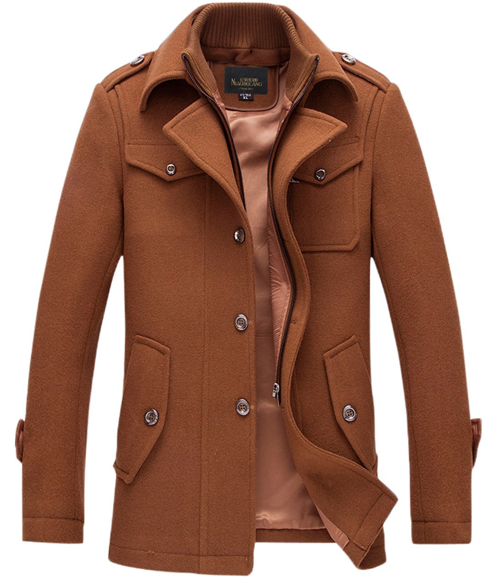 chouyatou Men's Stand Collar Wool-Blend Classic Pea Coat with Removable Inner Collar (Small, H36-Brown)