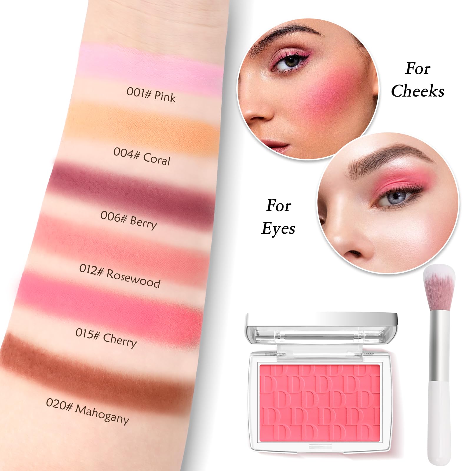 LYBHDAFA Pink Blush Powder Blush for Cheeks with Brush, Matte Blush Palette Blush Powder Face Blusher, Natural Blendable Formula Silky Lightweight Makeup Blush Rubores de Maquillaje, 001#