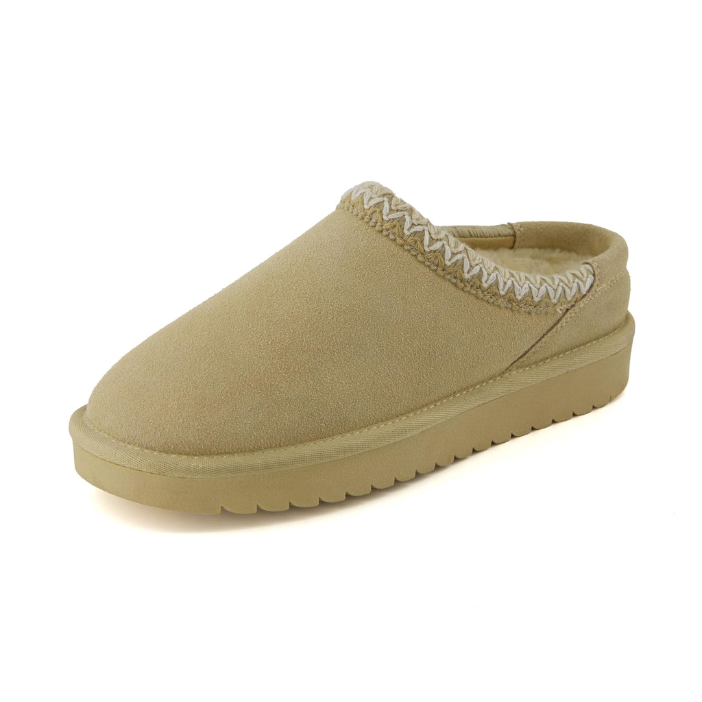 CUSHIONAIRE Keto Womens Slippers- Genuine Suede Cozy & Stylish, Memory Foam & Faux Shearling Winter Slippers for Women BISCUIT 7.5