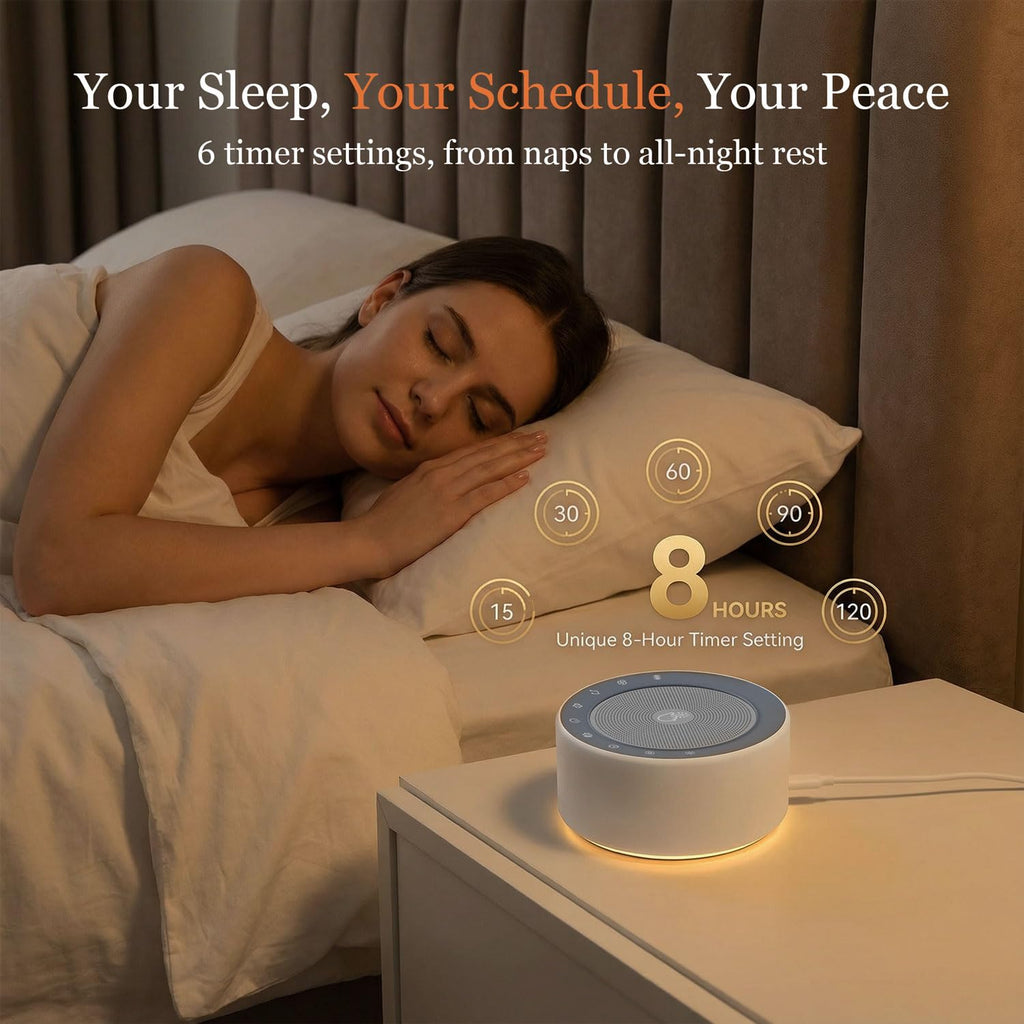 Kipcush White Noise Machine with Night Light – Nursery Sound Machine with Soft Non-Glare Lamp, 30 Soothing Sounds, 8 Color Lights, Up to 8-Hour Timer for Baby & Adults