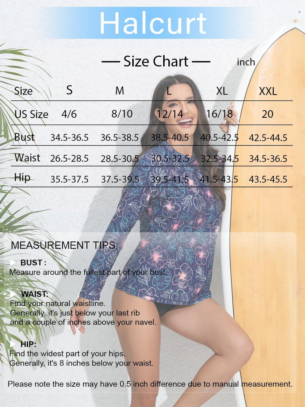Halcurt Womens Long Sleeve Rash Guard Swim Shirts with Built in Bra UPF50+ Sun Protection Swimsuit Top Navy Floral M