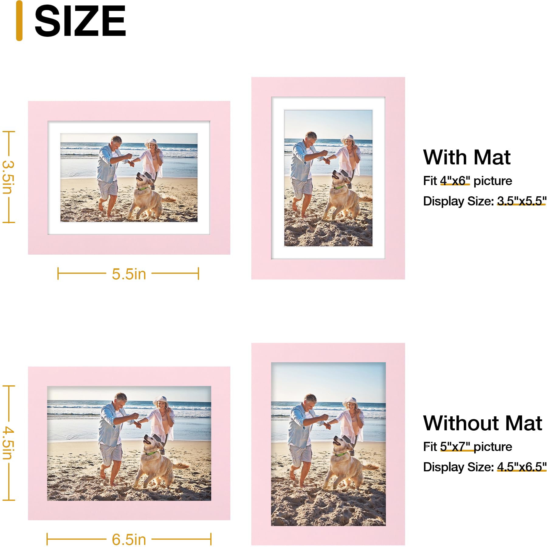 decorUhome 5x7 Picture Frame, Display Pictures 4x6 with Mat or 5x7 without Mat, Wall & Tabletop Display Photo Frame, Pink, 1 Pack