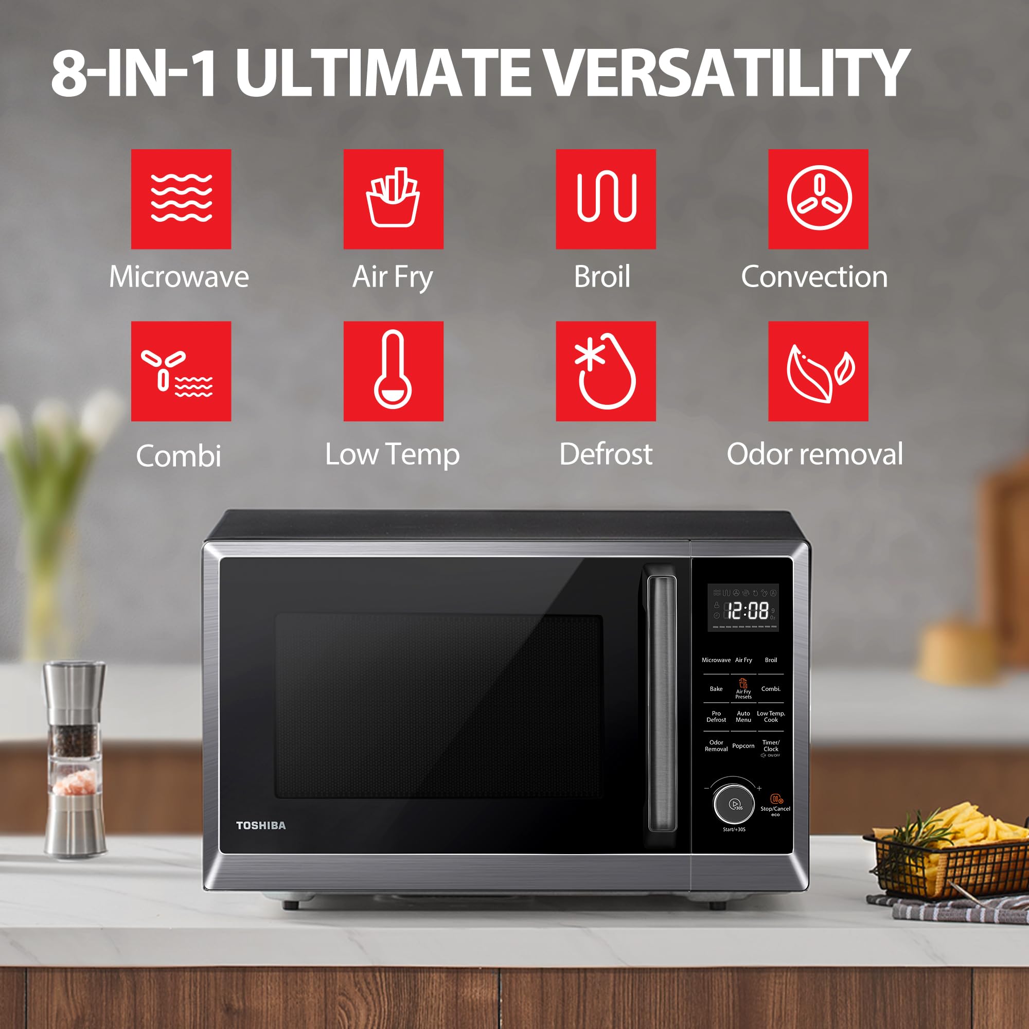 TOSHIBA Air Fryer Combo 8-in-1 Countertop Microwave Oven, with Convection, Broil, Odor Removal Mode, 12.4" Position Memory Turntable, Child-Lock, 1.0 Cu.ft, Black Stainless Steel, ML2-EC10SA(BS)