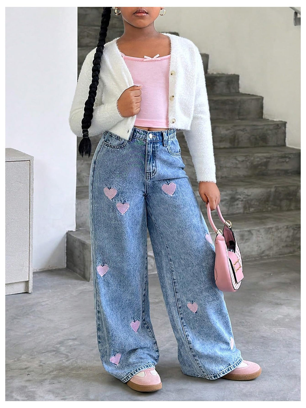 WDIRARA Girl's Heart Embroidered Y2k Denim Pants Elastic High Waist Wide Leg Jeans with Pockets Light Blue 8Y
