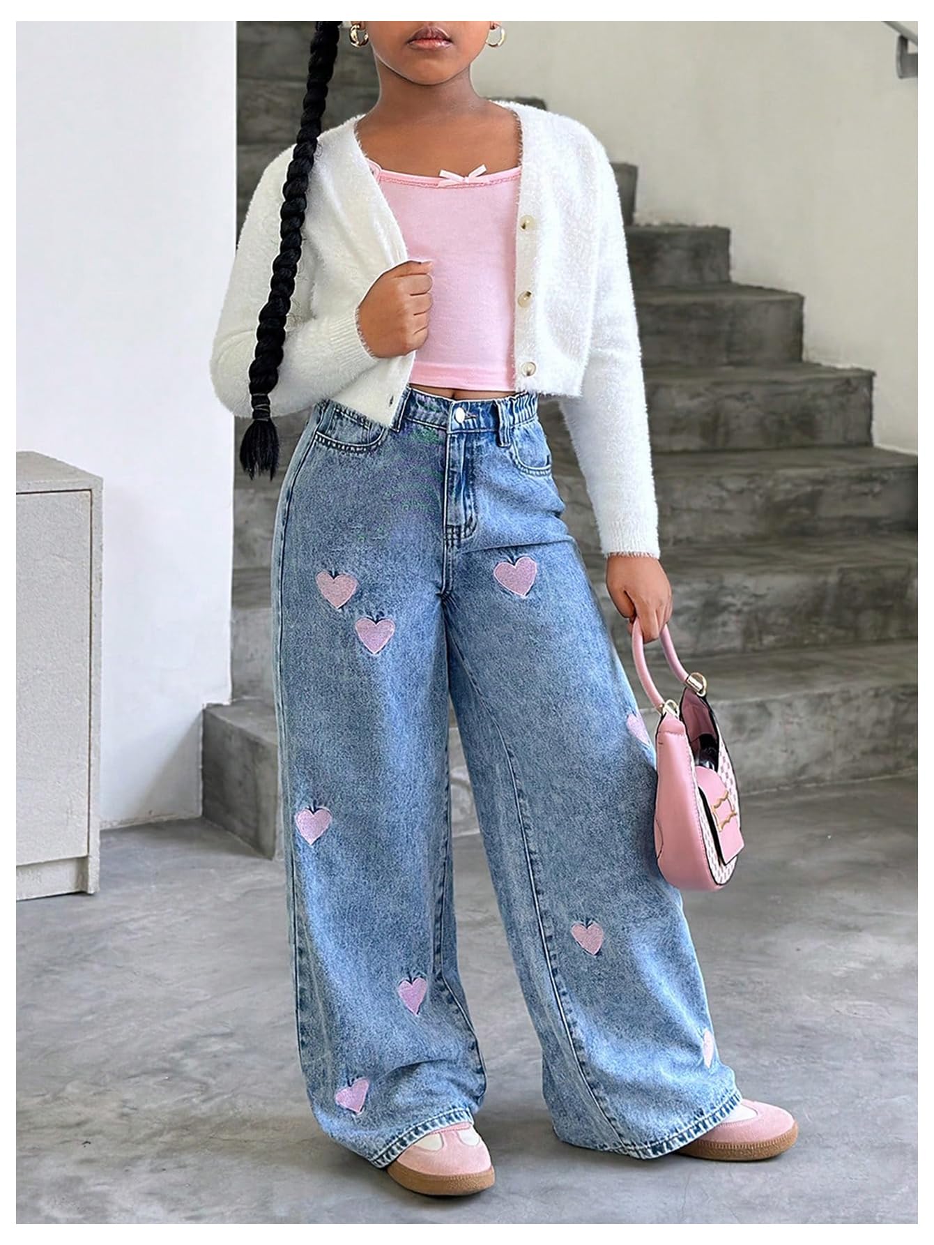 WDIRARA Girl's Heart Embroidered Y2k Denim Pants Elastic High Waist Wide Leg Jeans with Pockets Light Blue 8Y
