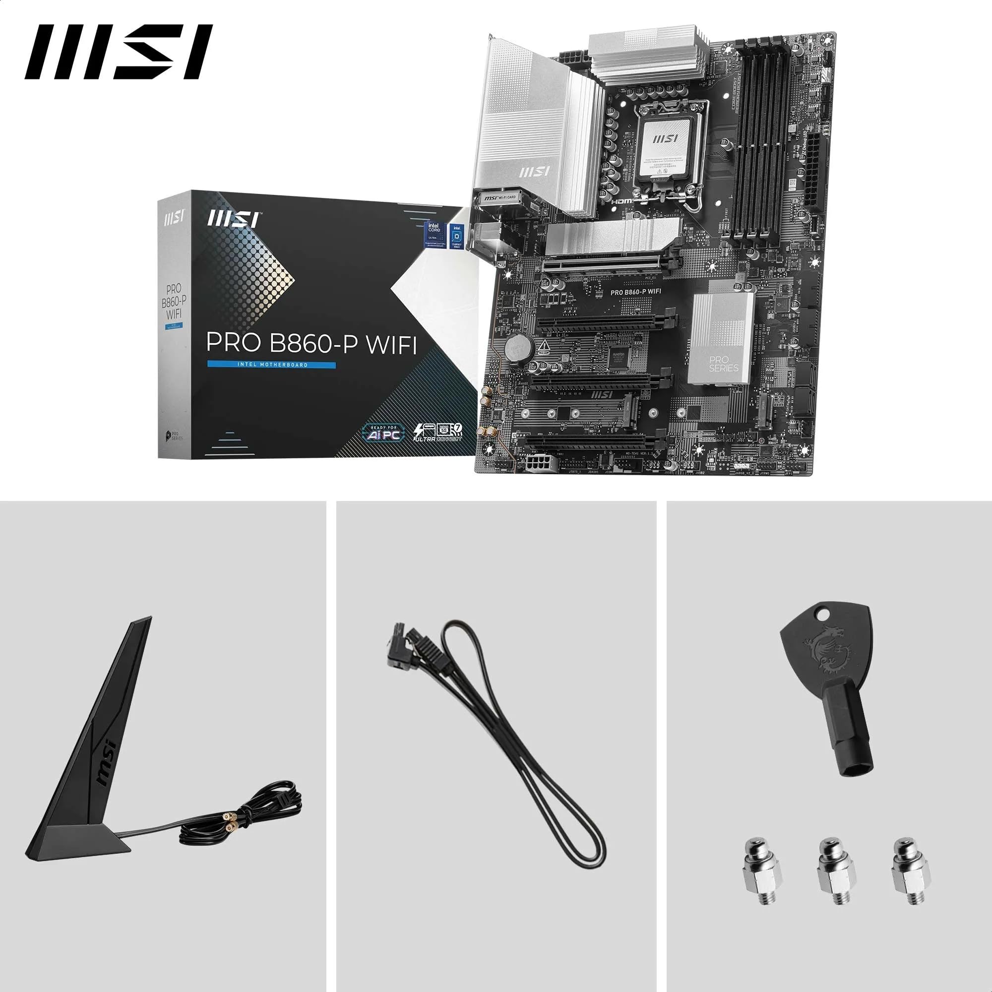 MSI PRO B860-P WiFi Motherboard, ATX - Supports Intel Core Ultra Processors (Series 2), LGA 1851-12 DRPS, DDR5 Memory Boost (8600+ MT/s OC), PCIe 5.0 x16 & 4.0 x16, M.2 Gen5, Wi-Fi 7, 5G LAN