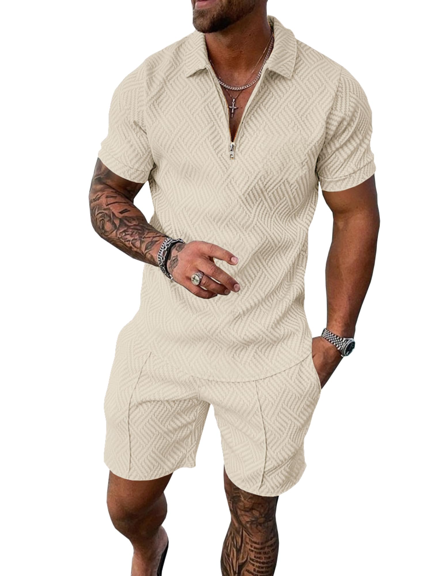UOUA Mens Track Suits 2 Piece Sets Short Sleeve Sweatsuit Outfits Casual Quarter Zip Golf Polo Shirts & Summer Jogger Shorts Loungewear Outdoor Beige XL
