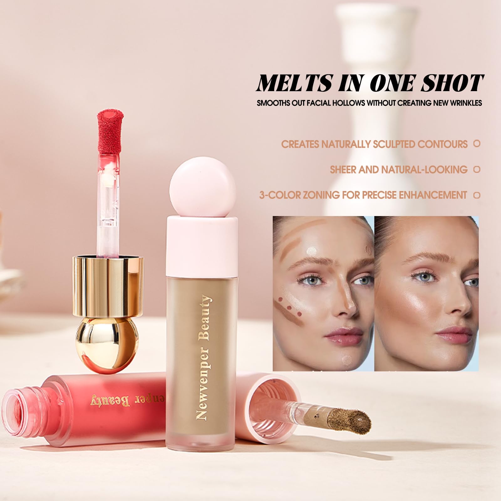 Liquid Contour,Liquid Highlighter, Blush with Face Brush Long Lasting Smooth Lightweight Smudge Proof Contour+ Blush+ Highlighter
