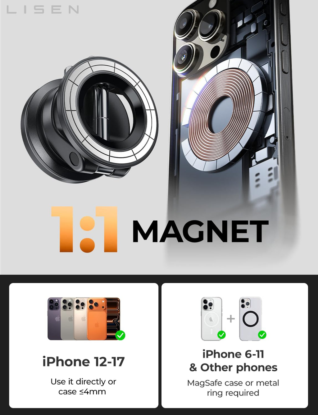 LISEN for Magsafe Car Mount, Magnetic Phone Holders for Your Car, Magnet Vacuum Phone Mount for Car Accessories for Women Men Interior Jeep Truck, SuctionPro Gift Kits, for iPhone 17 Pro Max 16 15 14