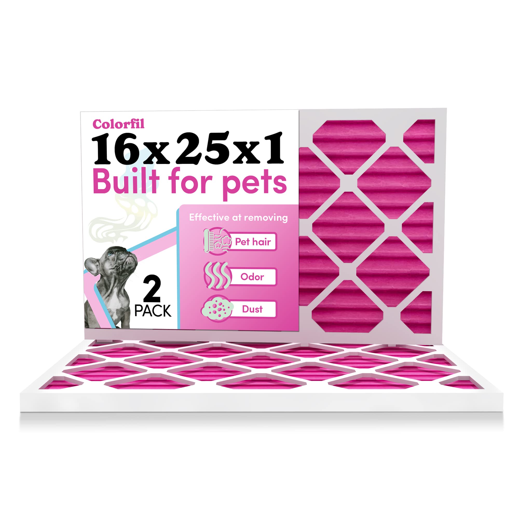 Colorfil 16x25x1 Air Filter (2-Pack) | Made in the USA | Color Changing | Remove Cat and Dog Odor | MERV 8 for Pet Hair Dander and Dust | 15.5"x24.5"x0.75" Exact Size