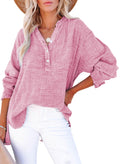 Dokotoo Womens Fashion 2026 Summer Clothes Button V Neck Long Sleeve Shirts Cotton Office Workout Pullover Blouses Tops Resort Wear for Women Tops Dressy Casual Large Pink