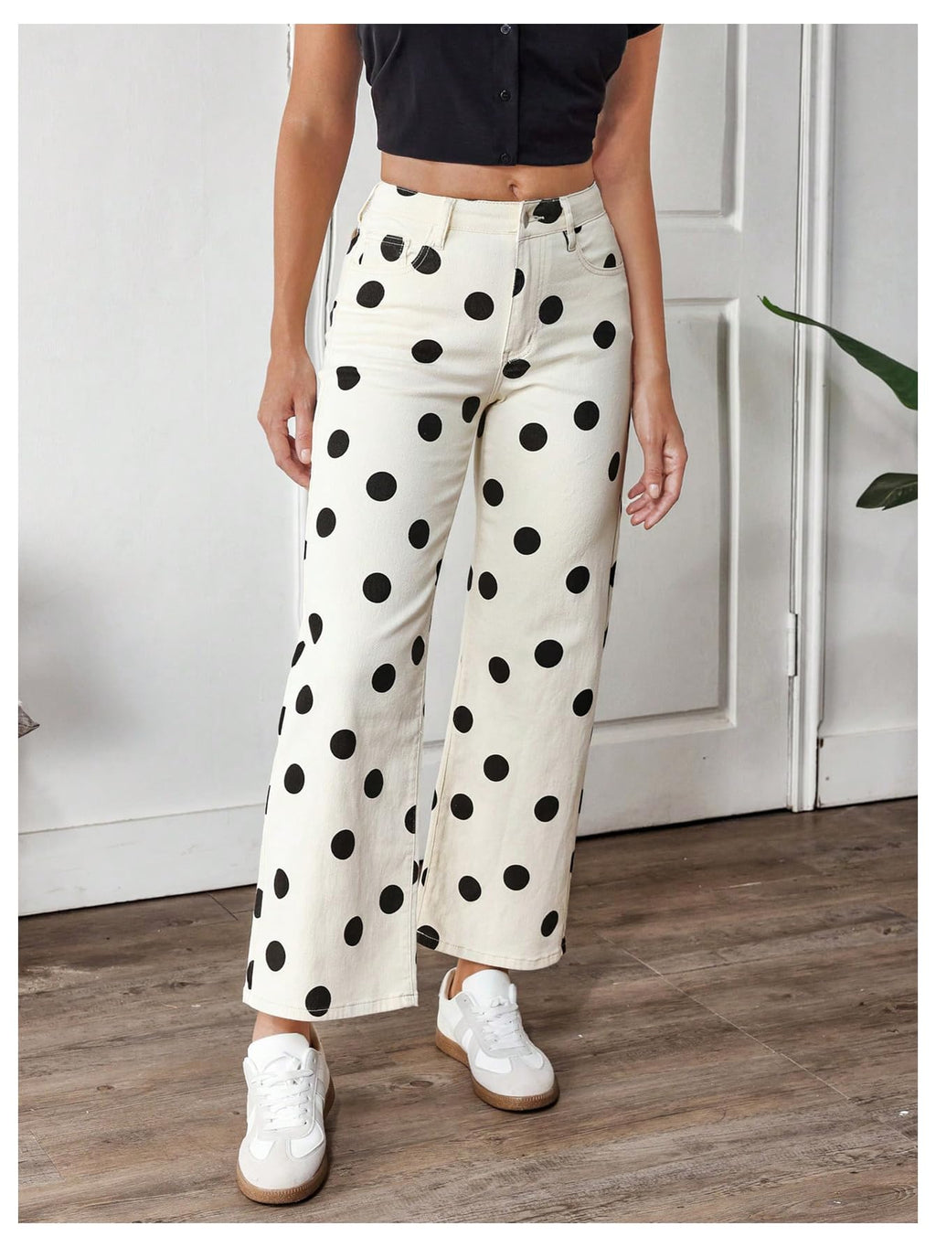 WDIRARA Women's Polka Dots Jeans Vintage Stretchy Straight Leg Denim Pants Beige 27
