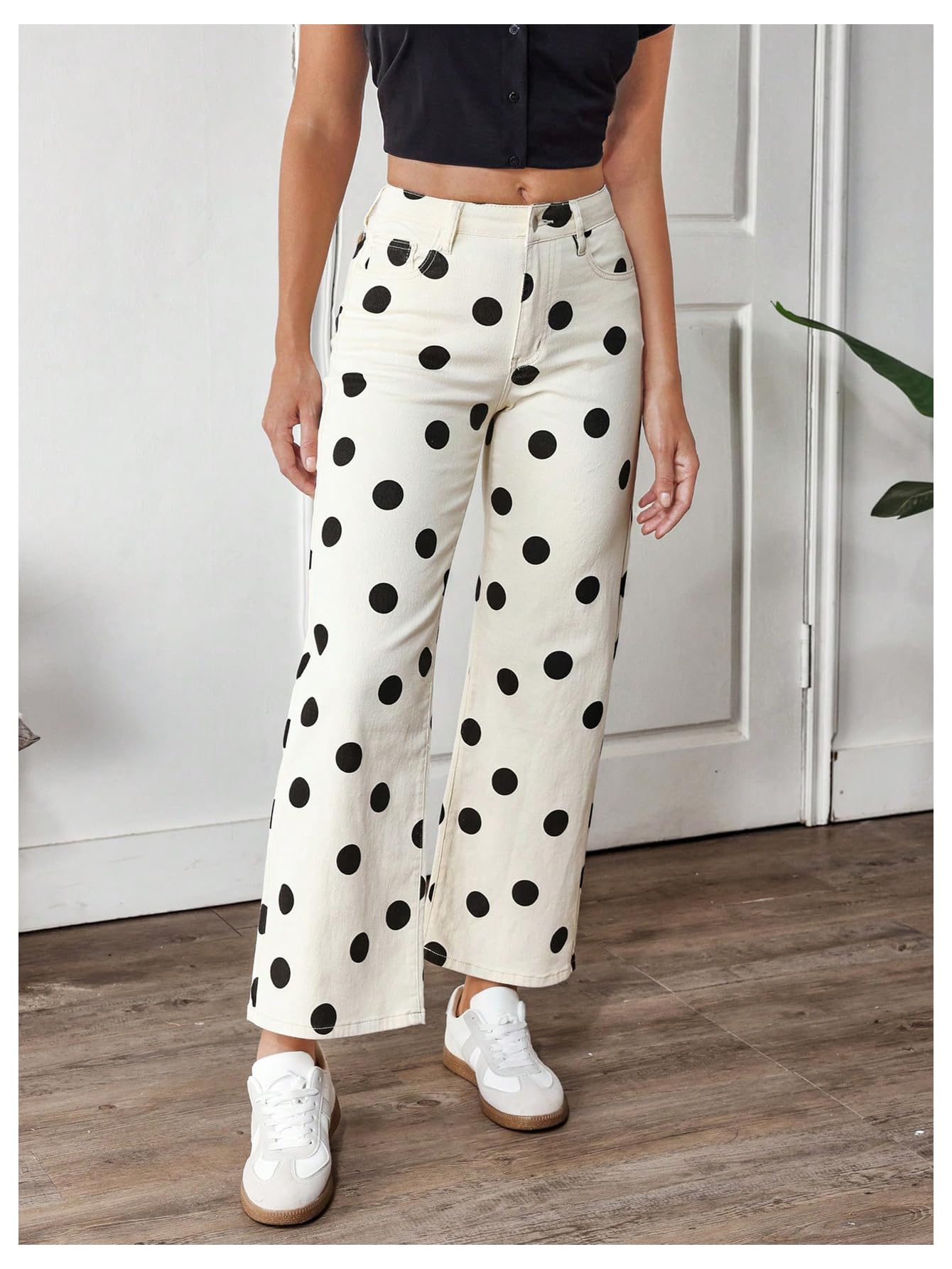 WDIRARA Women's Polka Dots Jeans Vintage Stretchy Straight Leg Denim Pants Beige 27