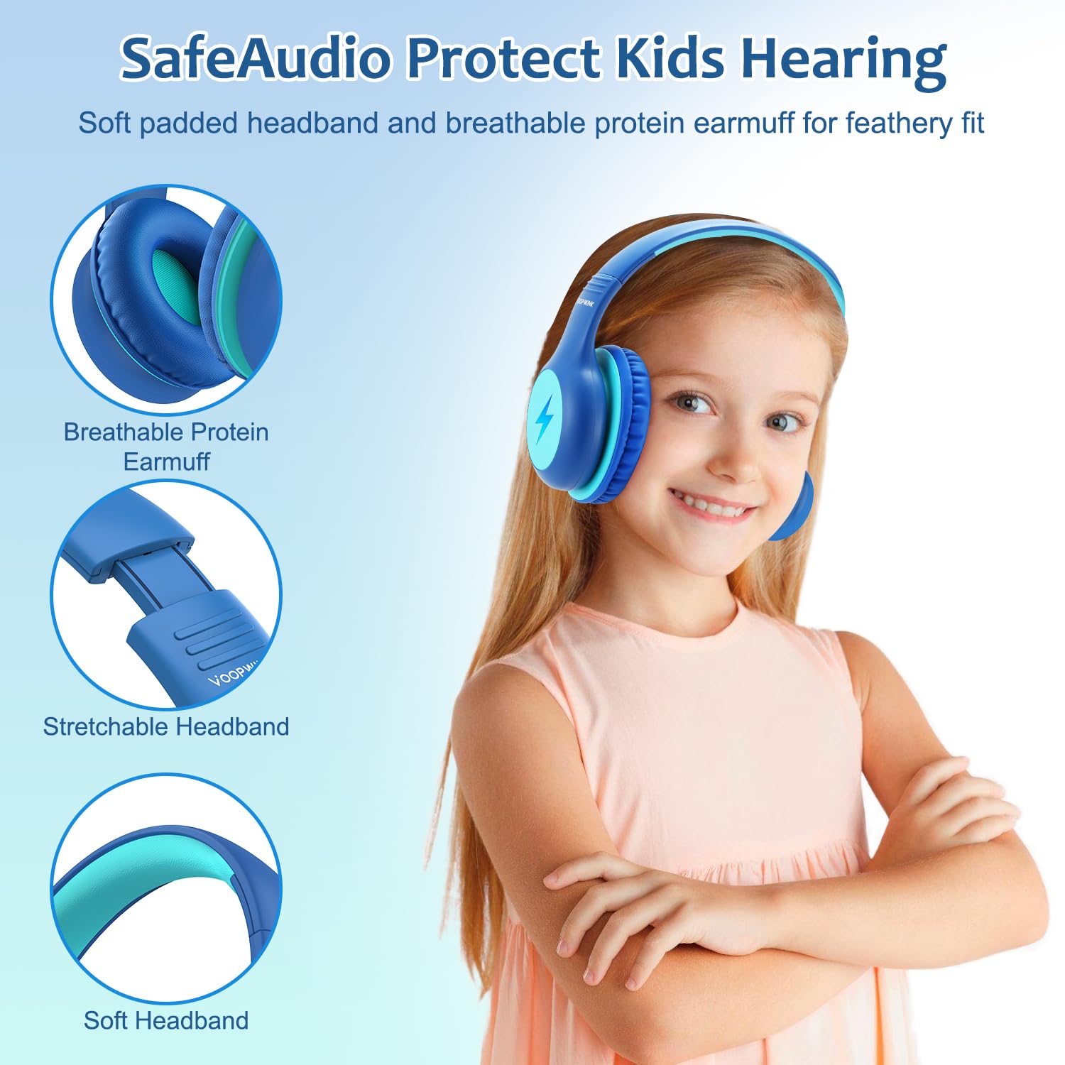 Voopwink Kids Headphones Wired with Microphone, USB Type C Headphones for Kids Girls Boys with Cord/LED Lights/85/94dB Volume Limit, Portable Over Ear Headphones for School/Travel/Tablet/iPad