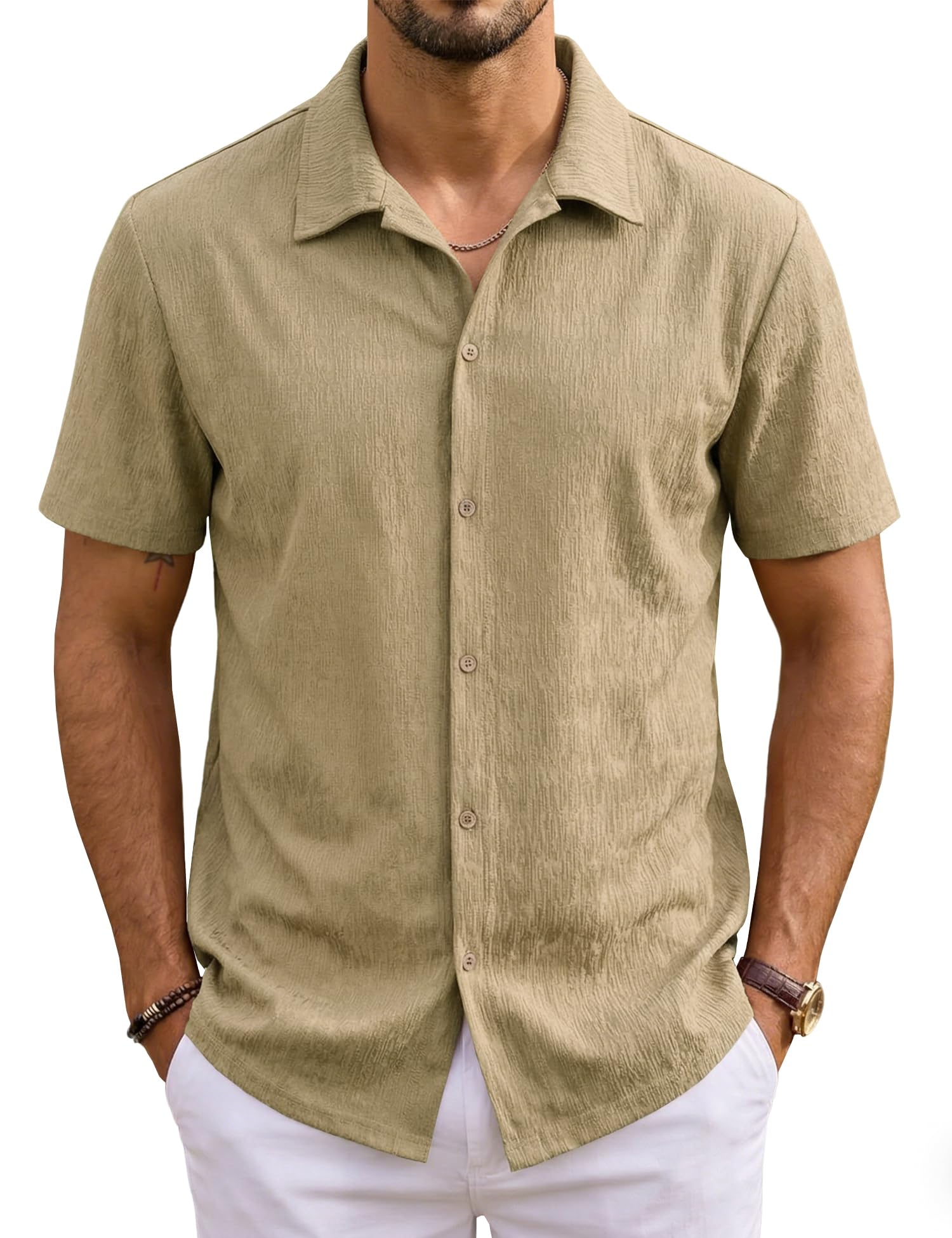 URRU Mens Short Sleeve Dress Shirts Stretch Wrinke Free Casual Button Down Untucked Summer Beach Shirt Light Army Green XL