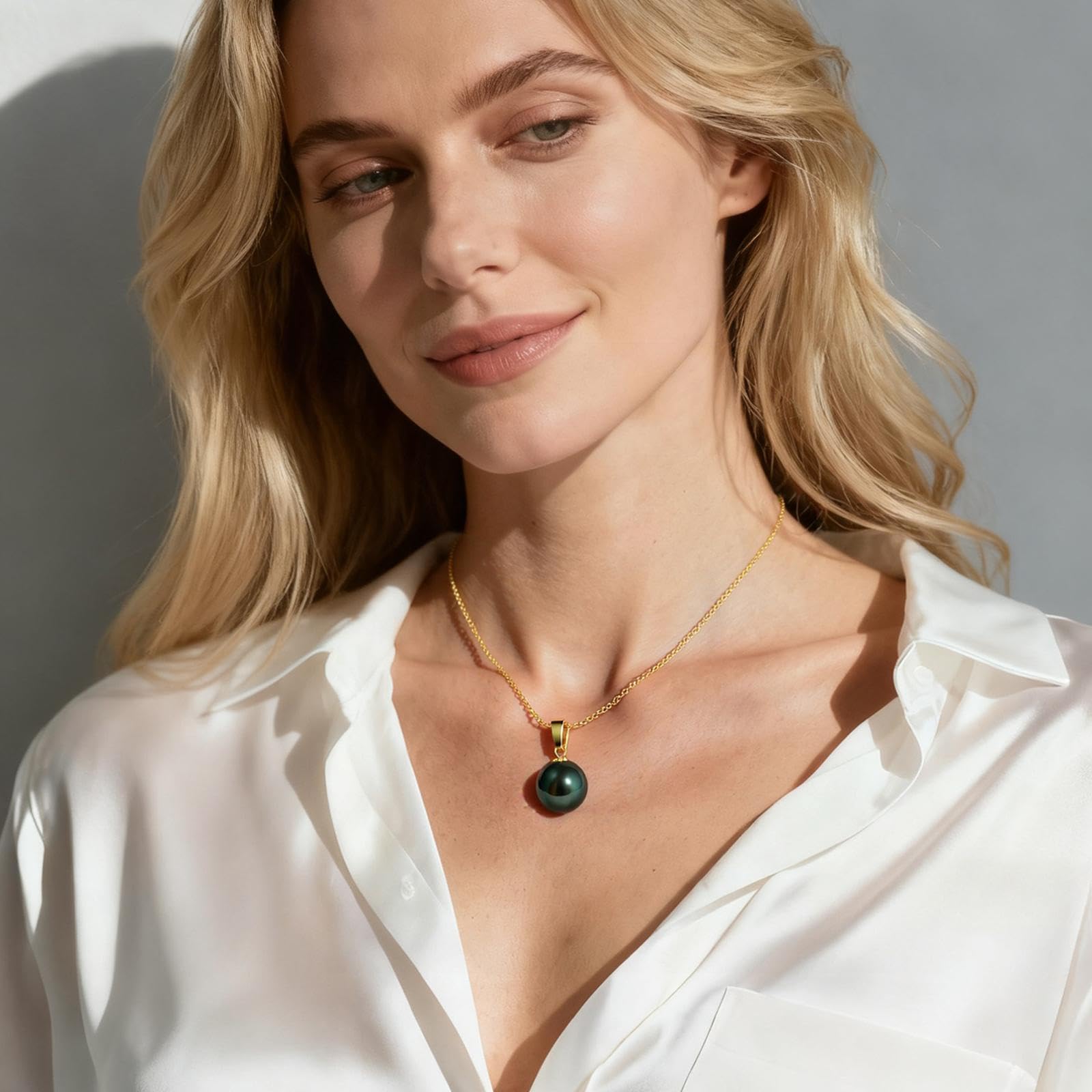 18K Solid Yellow Gold Tahitian Black Pearl Necklace Pendant with Sterling Silver Chain, AAAAA 9-10mm Ocean-Grown Pearls - Christmas Gift for Wife Mom, Women Jewelry for Wedding Anniversary Birthday