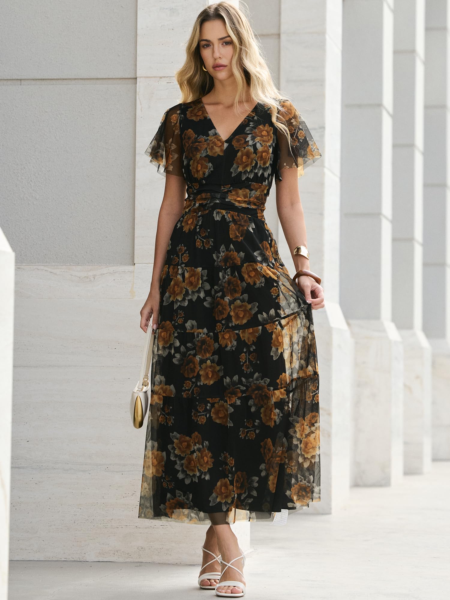 ANRABESS Womens Summer Floral Maxi Dress Short Sleeve Flowy Tulle Wedding Guest Beach Vacation 2026 Spring Party Long Dresses Floral Black Yellow Large