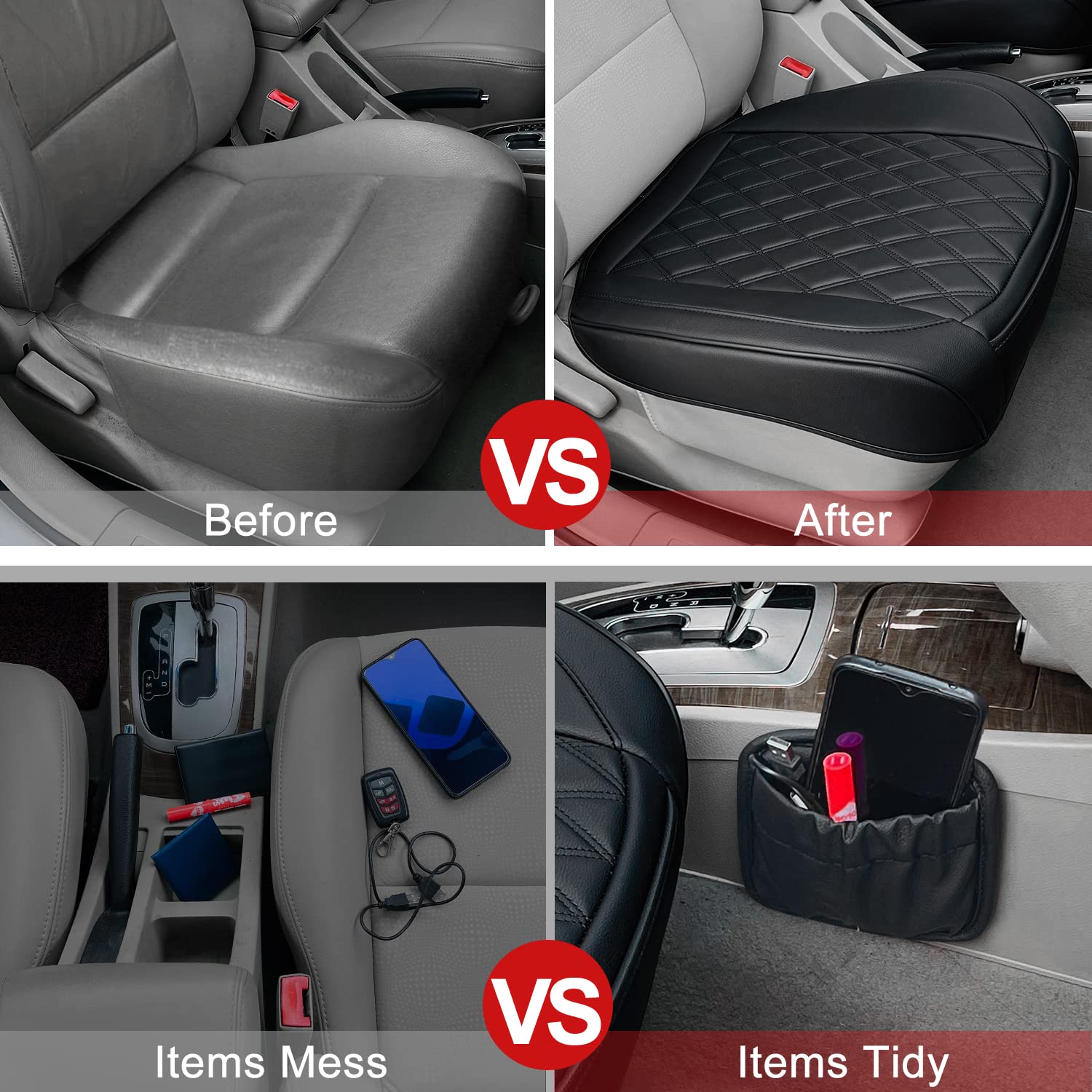 BEITK 2 Pack Leather Front Car Seat Cover, Anti-Slip and Full Wrap Driver Car Seat Protectors with Storage Pocket, Luxury Waterproof Bottom Auto Seat Cushion Pad Mat for Most Vehicles(Black)