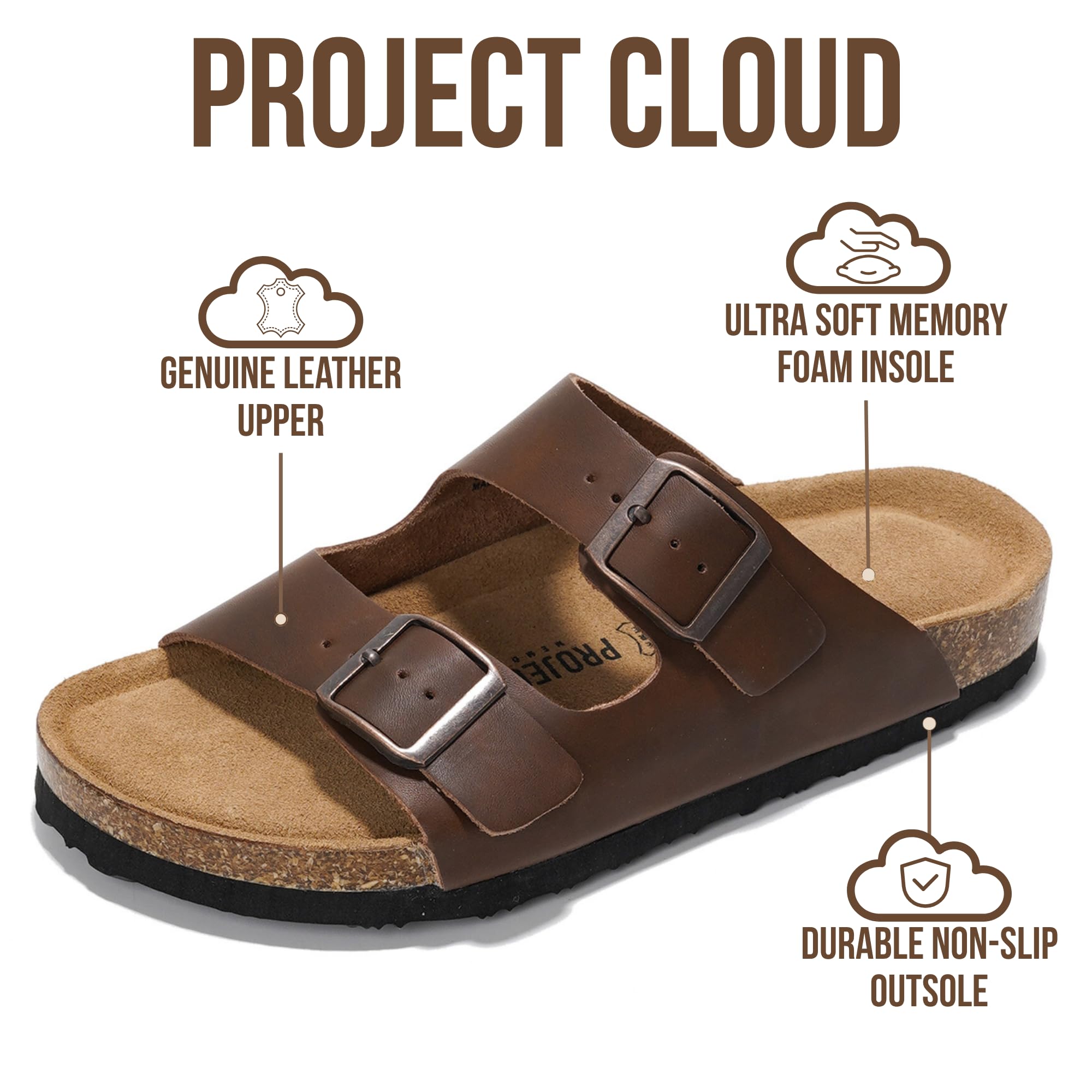 Project Cloud 100% Genuine Leather Flat Sandals For Women 2026 Cork Footbed Womens Sandals with Memory Foam and arch support Vacation Essentials Slides for Women Footwear (VenitaWD,TANDIS,8.5)